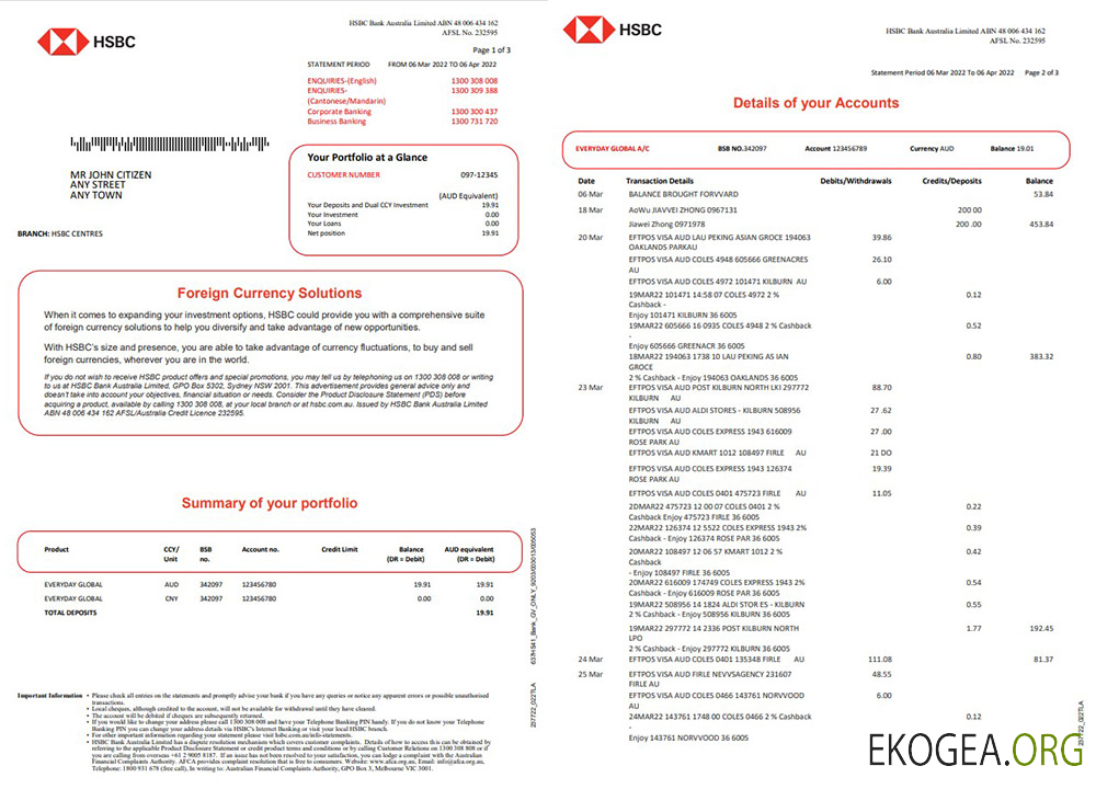 Relevé bancaire HSBC Australie, modèle Word et PDF, 3 pages